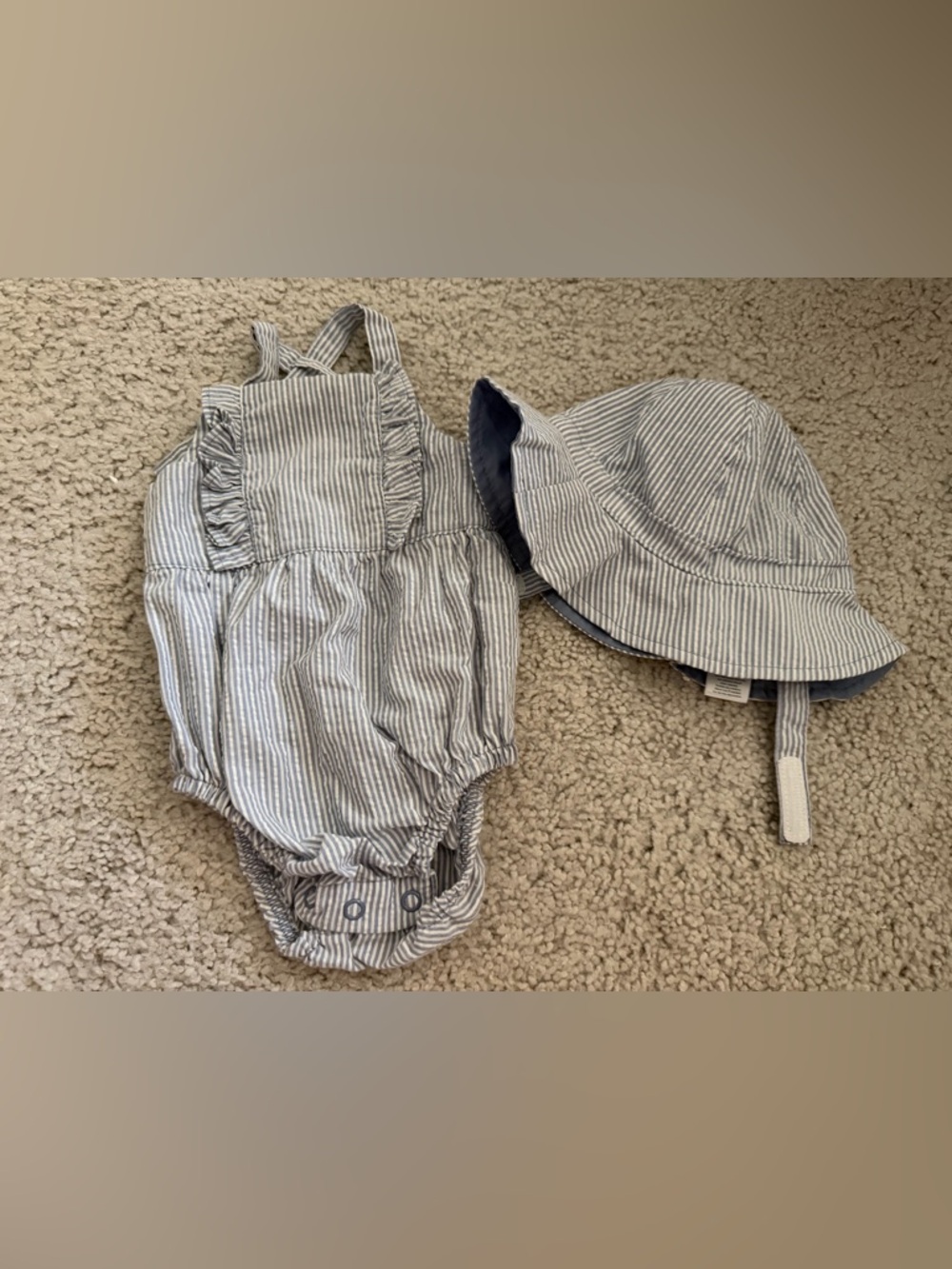 Carters Baby Girl Seersucker Romper & Sun Hat Set 3M Blue Stripe Summer Outfit